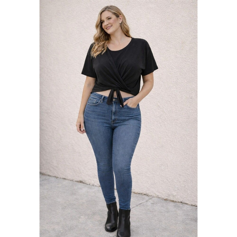 Aerie NWT Black Tie Front Cropped Top Short Sleeve Size XL